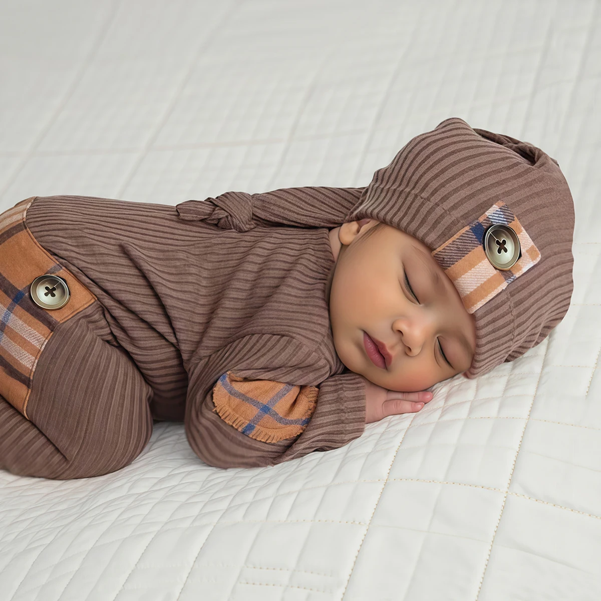 Ylsteed Newborn Shooting Outfit Photography Outfit Baby Boy Patchwork Jumpsuit Hat Set with Plaid & Buttons Photography Props