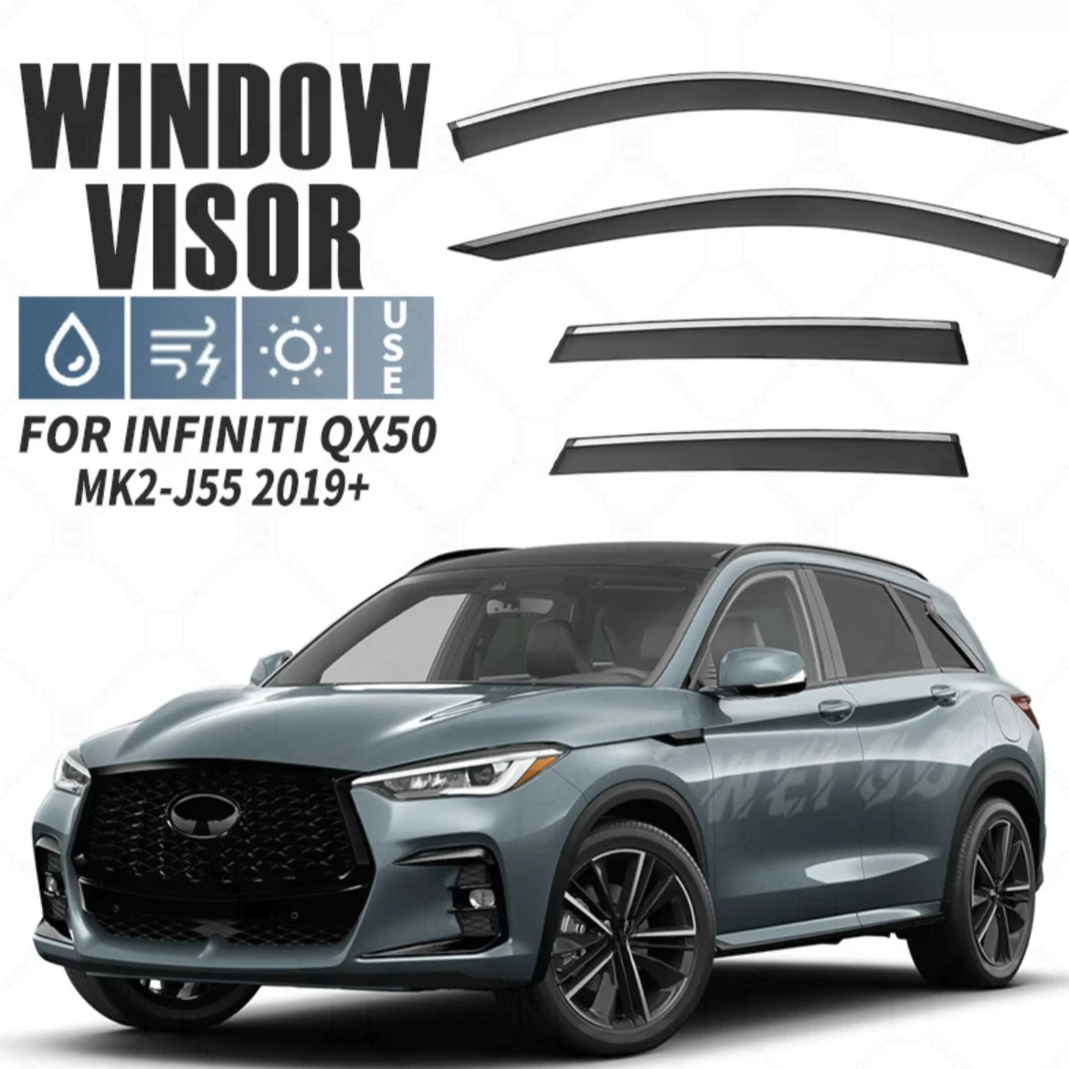 

Chrome Strips Rain Guards for Infiniti QX50 MK2-J55 2019-2024 Wind Deflectors Door Visor Vent Shades Ventvisor Window Visor
