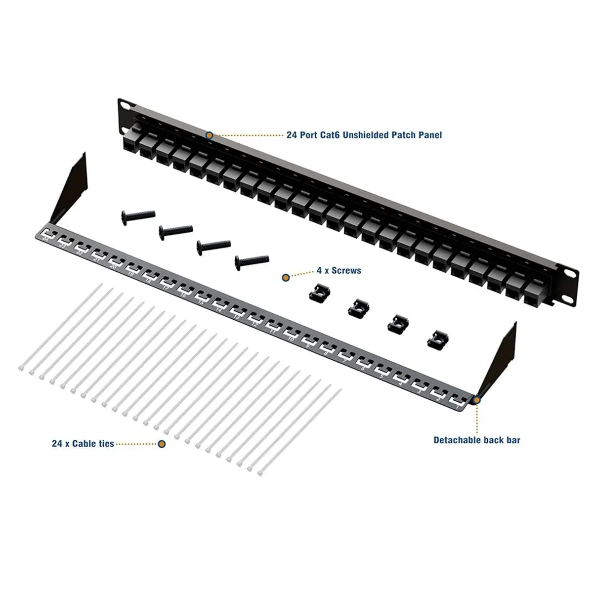 10Gbps Patch Panel 24 Port, RJ45 Through Coupler Cat6 Patch Panel UTP 19-Inch 1U with Back Bar Compatible