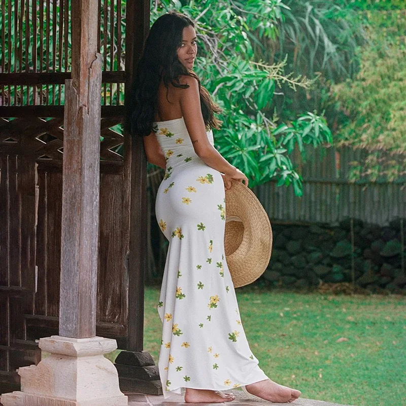 Euro-american Vacation Sexy Wrap Dress, Slit High Waist,Slim Temperament Printed Skirt,Chest Bound And Slit In 2024