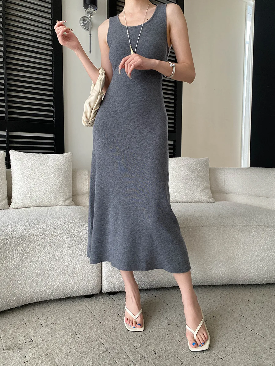 Frühlings- und Sommerkleid für Damen, einfarbig, modisch, im Pendlerstil, schmal geschnittenes Strickkleid – Detail 3