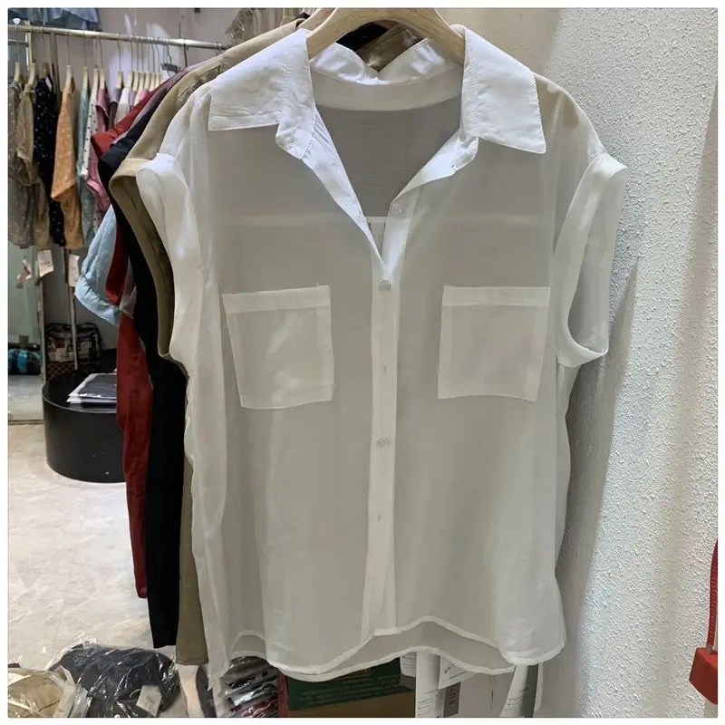 New Pocket Patchwork Loose Blouse Summer Short Sleeve Polo Neck Solid Color Elegant Shirt Tops Fashion Casual Women Clothing