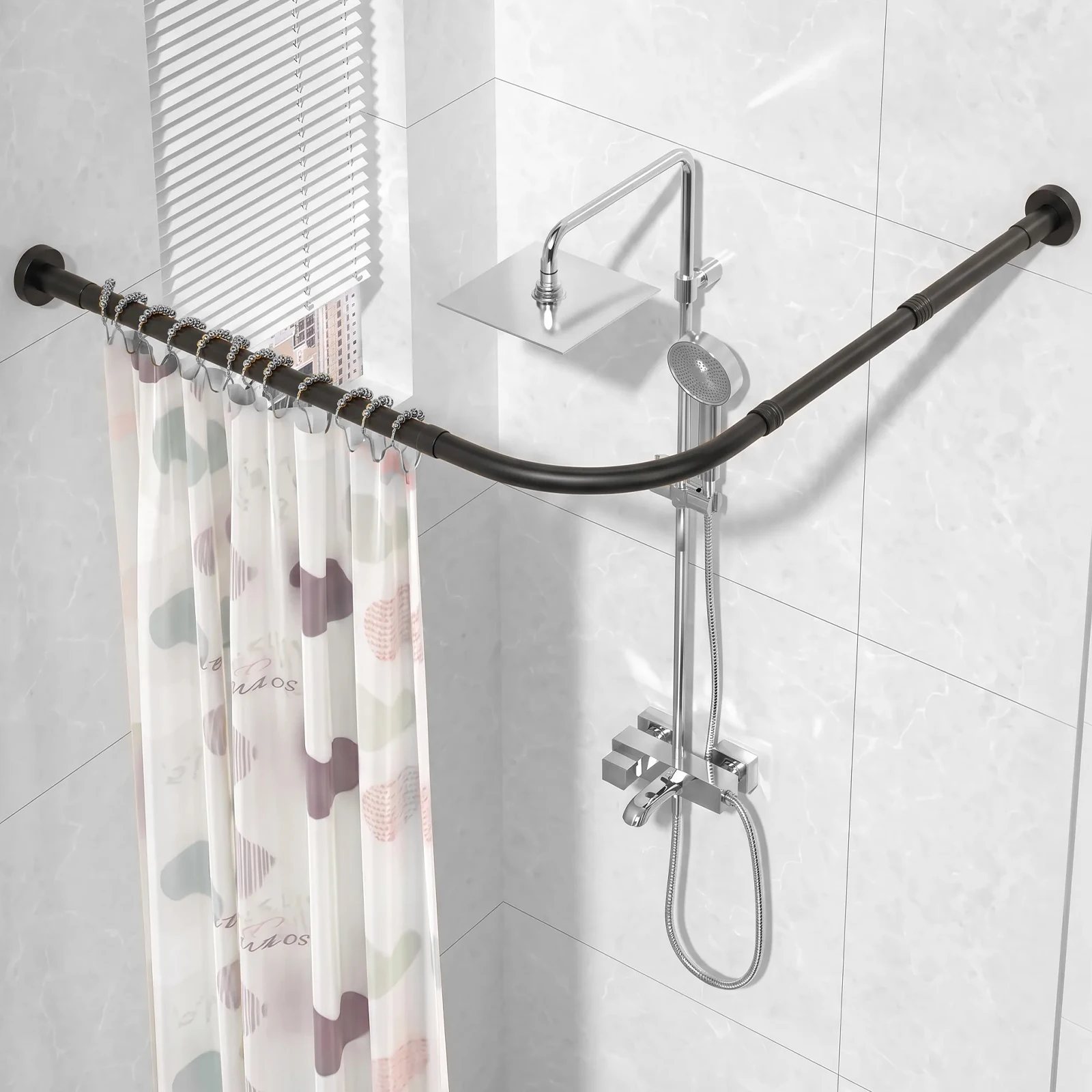 L Shaped Shower Curtain Rod 42.52-54.33in Adjustable Stainless Steel Telescopic Rod Drill Mount Setup Corner Shower Curtain Rod