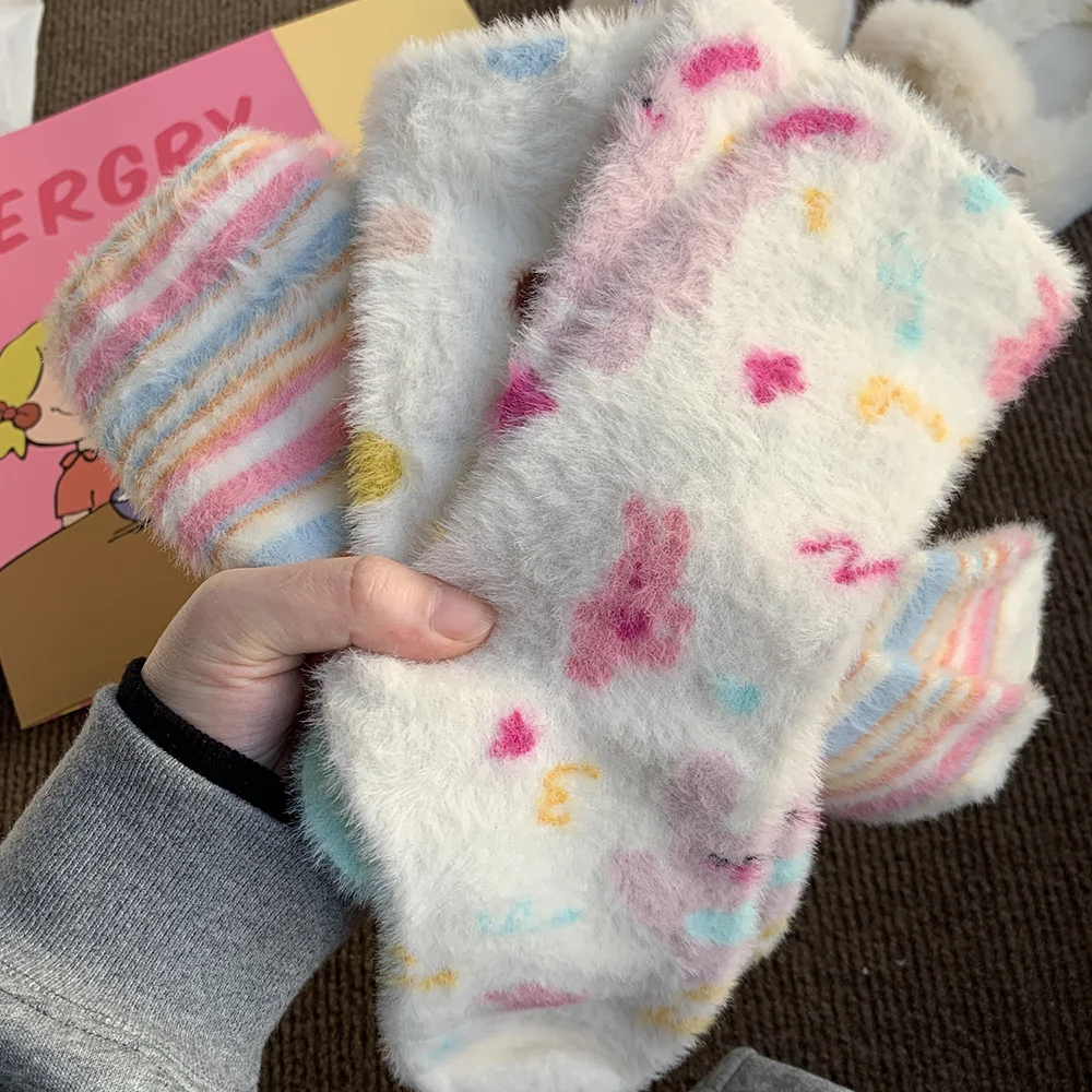 1 Pair Pink Mink Velvet Socks Korean Version With Thick Velvet Warmth Sleep Sock Cute Rabbit Plush Warmth Middle Tube Floor Sock