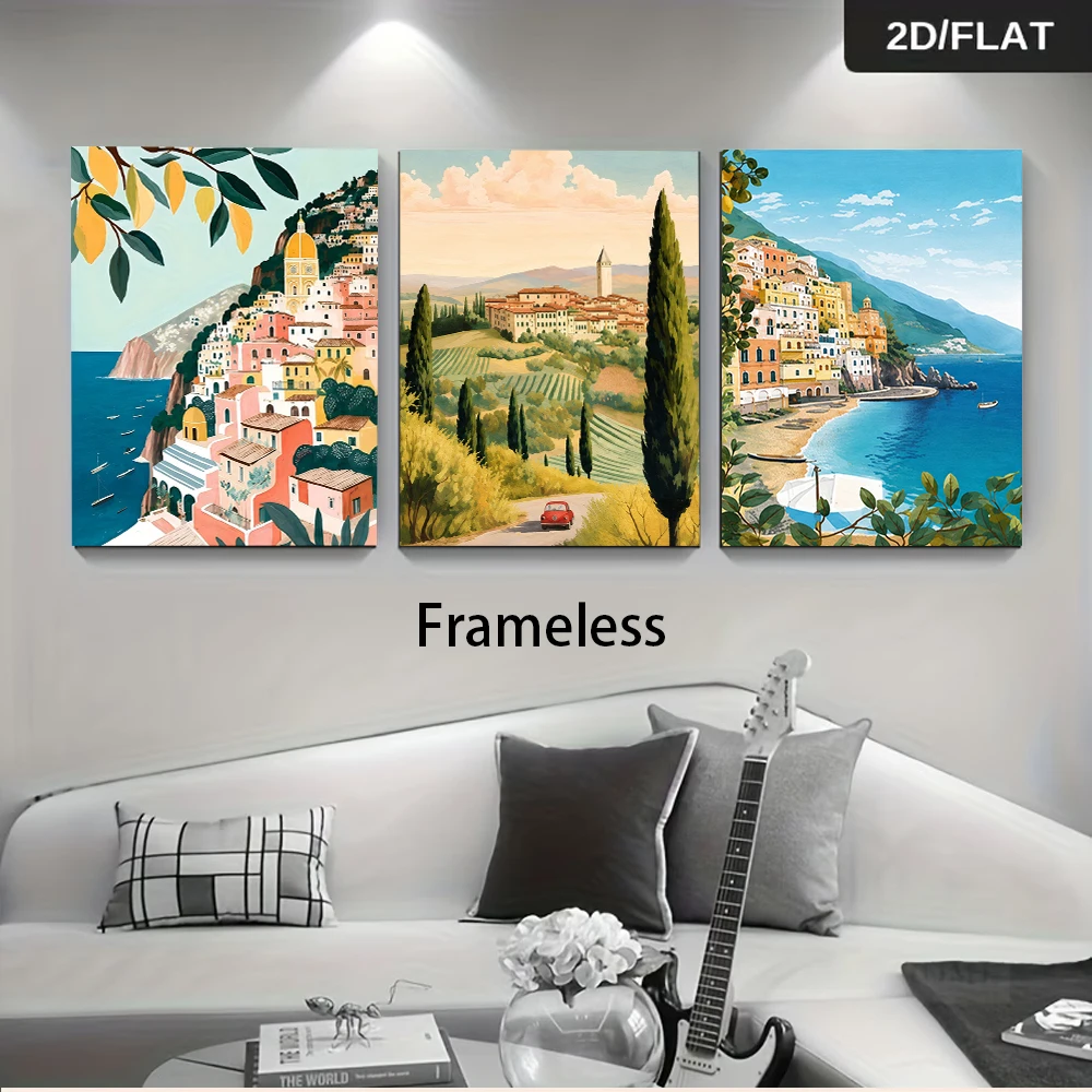3PCS Large-sized frameless canvas paintings,1 set of Mediterranean style Positano Amalfi Tuscany triple living room study framel