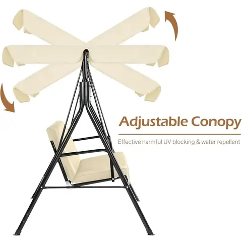 Columpio de patio al aire libre de 3 asientos para adultos con dosel ajustable y cojín extraíble, columpios para porche y patio trasero