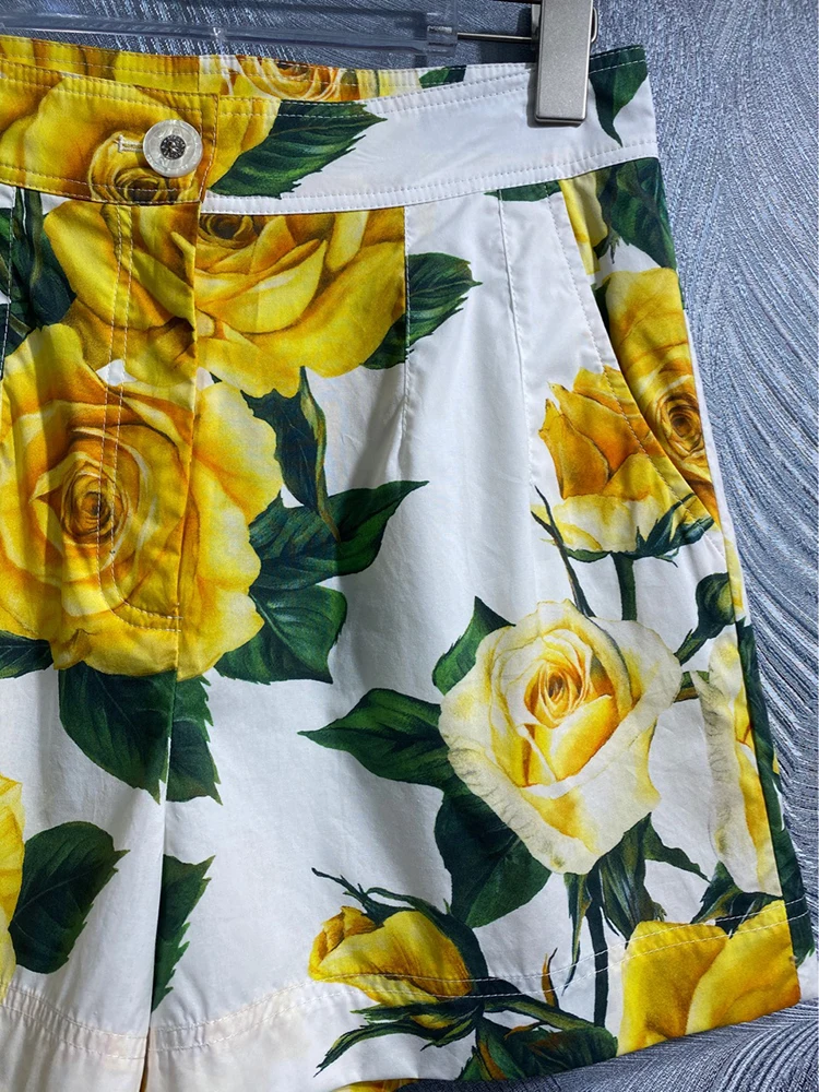 DLDENGHAN Spring Cotton Sicily Shorts Women Pockets Yellow Rose Floral Print High Street Shorts Fashion Designer New