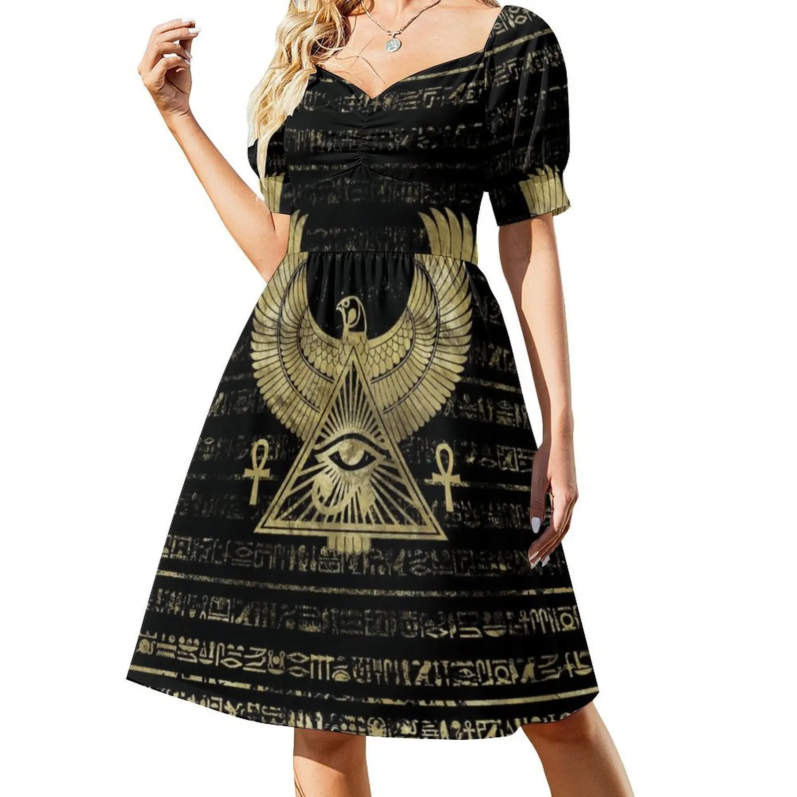 Египетское глаз Гора-Wadjet золотое и черное богемное платье без рукавов для женщин с принтом пляжные вечерние платья Horus Eye Of Horus