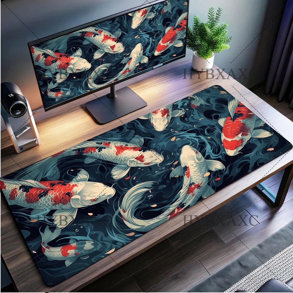 Japanese Desk Mat Black & White Mouse Pad Koi Fish Japan Art Seal Yin-yang fish Large XL Gaming Deskmat Rubber Mousepad 1000x500