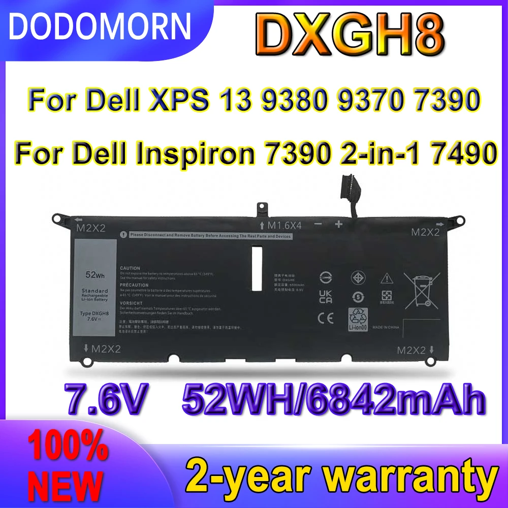 

DODOMORN New DXGH8 Battery For Dell XPS 13 9380 9370 7390 For Dell Inspiron 7390 2-in-1 7490 G8VCF H754V 0H754V P82G 52WH