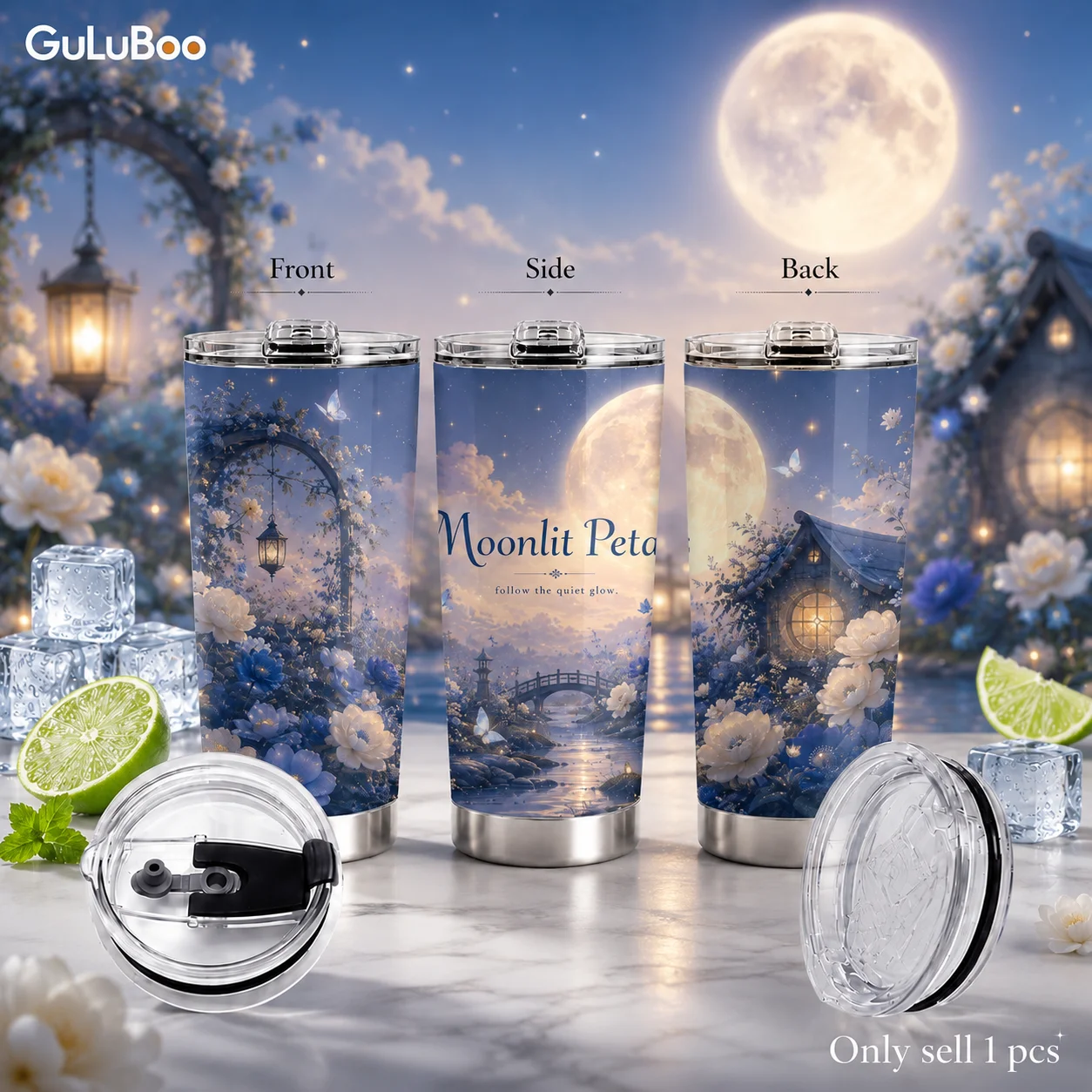 Midnight Moon Garden Vacuum Flasks 20oz Insulated Coffee Tumbler With 2 Lids Reusable Straw Wall Stainless Steel Cup