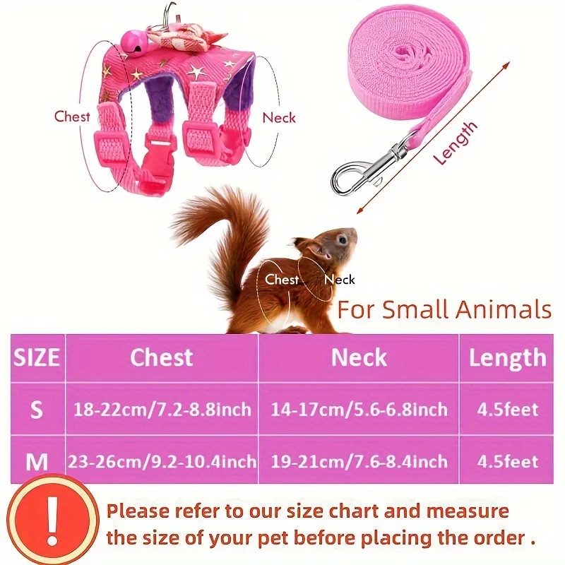 2pcs/set Hamster Harness And Leash Walking Set, Small Pet Clothes With Bow Bells, Safe And Comfortable Padded Vest, Hamster Stri