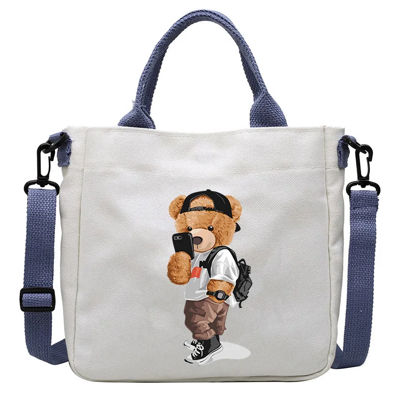 

Cartoon Society Bear Print Pattern Canvas Handbag Foldable Crossbody Bag Eco Large Capacity Detachable Shoulder Strap Handbag