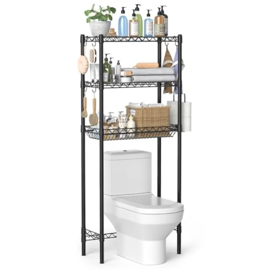 رف تخزين فوق المرحاض مع تصميم قابل للتعديل لتنظيم الحمام والمطبخ يتميز بحامل ورق المرحاض المدمج