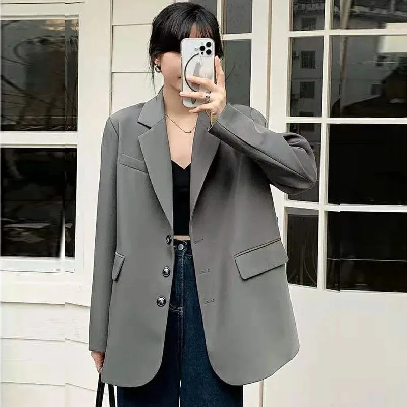 

Biyaby Korean Notched Collar Blazers Woman Spring for Ladies Single-Breasted Blazer Jacket Pocket Long Sleeve Outerwear Women
