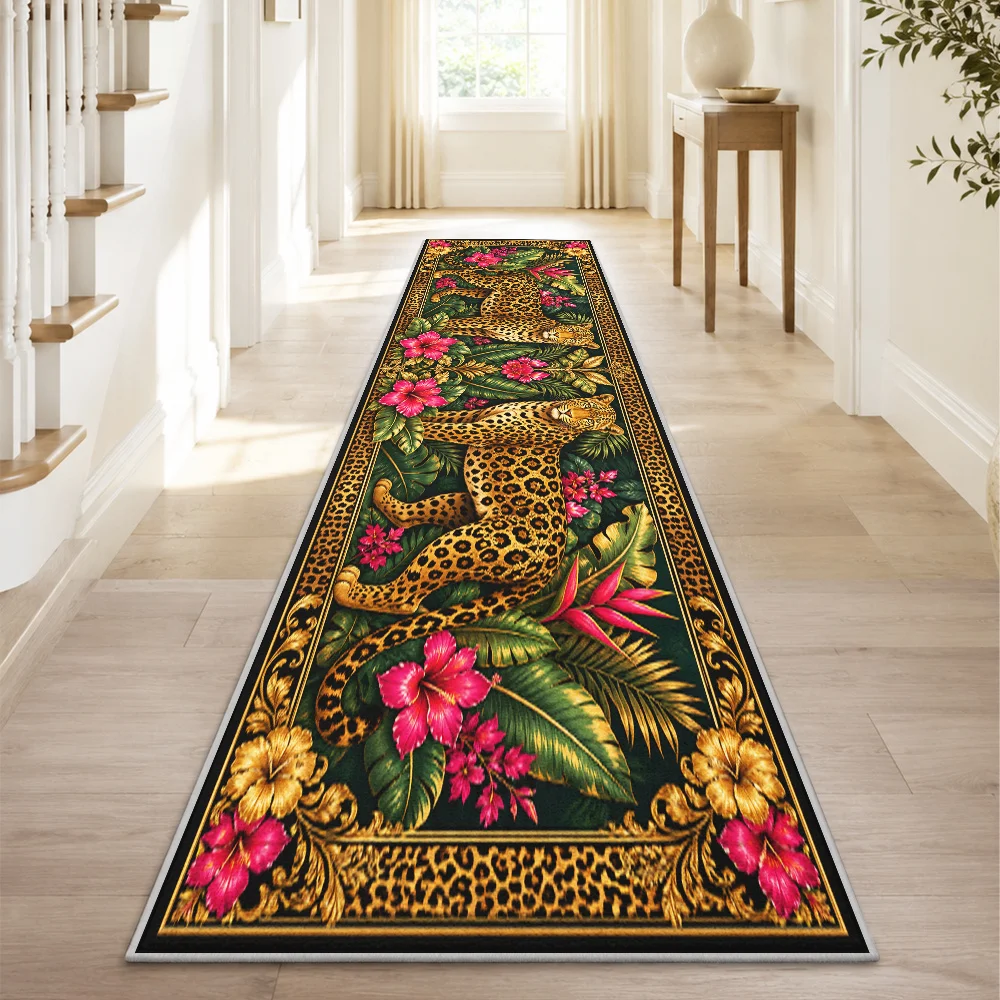 Luxury Leopard Runner Rug Vintage Gold Border Flower Carpet For Hallway Bedside Living Room Corridor Long Floor Mat Gift