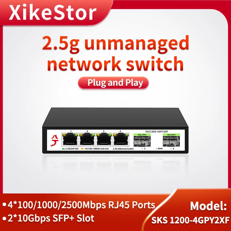 XikeStor Switch de rede Ethernet simples, L2, SFP Plus Slots, PoE não controlado, 6 portas, 4, 2.5G RJ45, 2, 10G, SFP