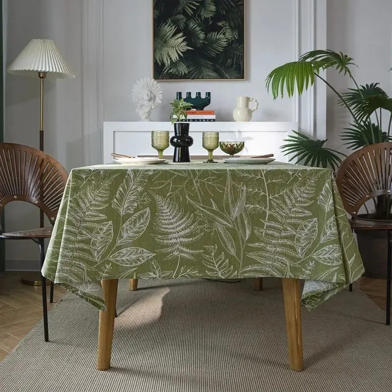 VIKAMA Olive Green Fern Leaf Sketch Tablecloth Tropical Plant Rectangular Waterproof Minimalist Kitchen Dining Table Cover
