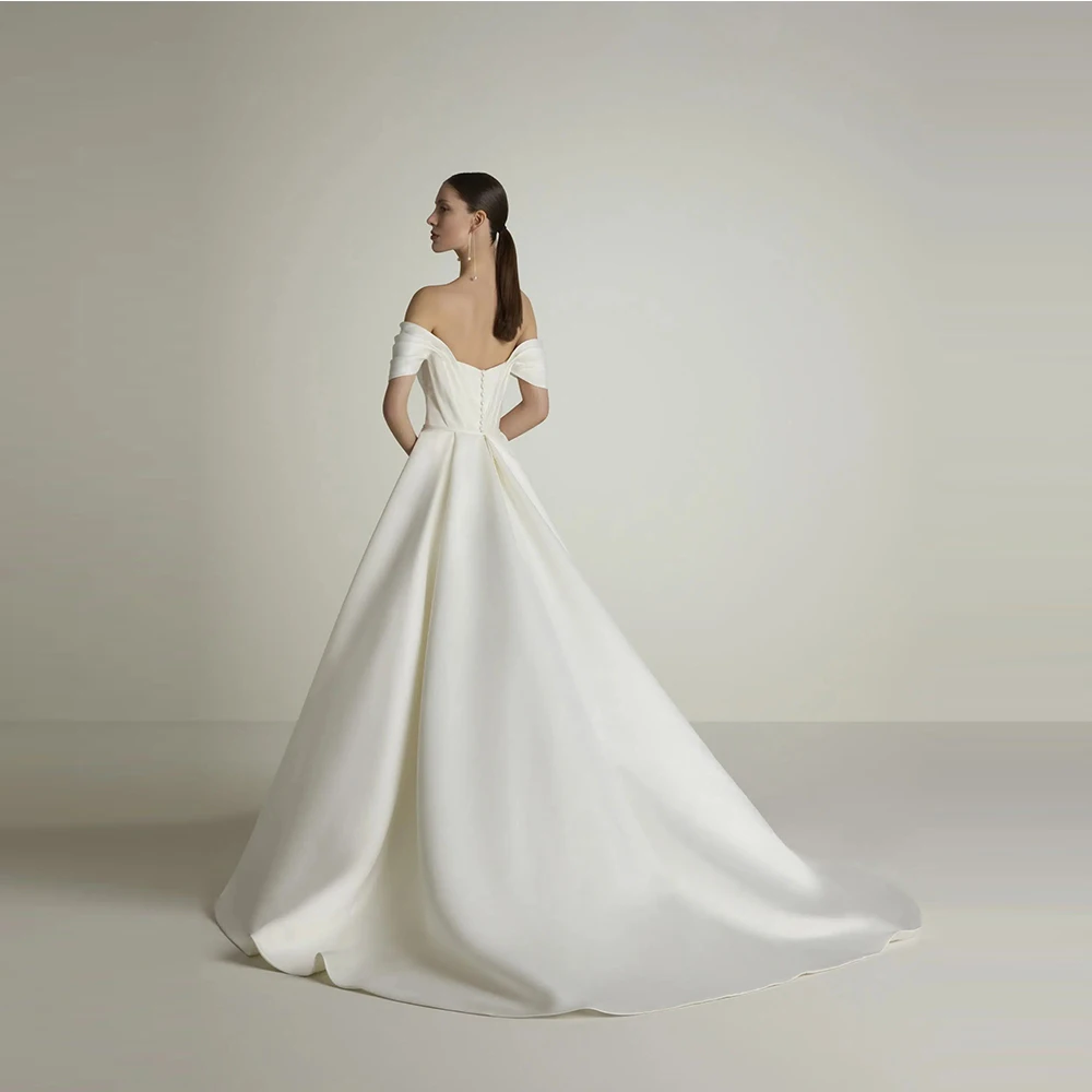 Customized Long Satin Off Shoulder Wedding Dresses Attractiv A-Line Ivory Pleat Sweep Train Zipper Back Brides Dress for Women