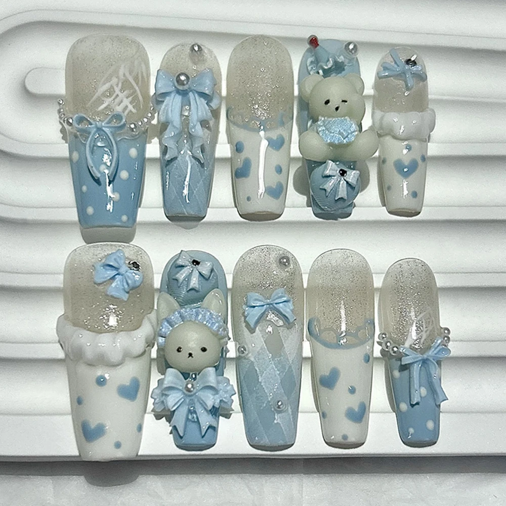 10PCS Kawaii 3D Bow Teddy French Handmade Press On Nails Cute Blue Bunny Long Fake Nails Pearls Heart Polka Dot Girl Nail Art