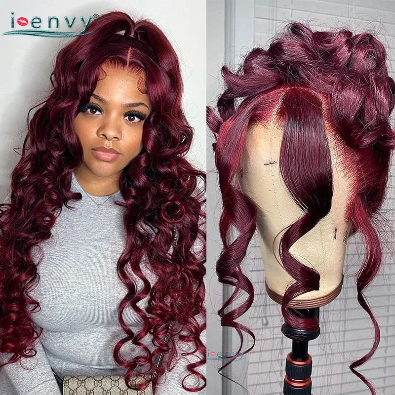 Burgundy Body Wave Wig Red 13x6 Lace Front Human Hair Wigs 13x4 Curly 99J Transparent Lace Frontal Wig Pre-Plucked Human Hair