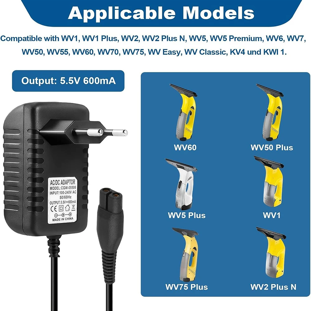For Karcher DC 5.5V 0.6A Window Vacuum Charger AC 100-240V Replacement Power Adapter WV50 WV55 WV60 WV70 WV75 WV2 WV5