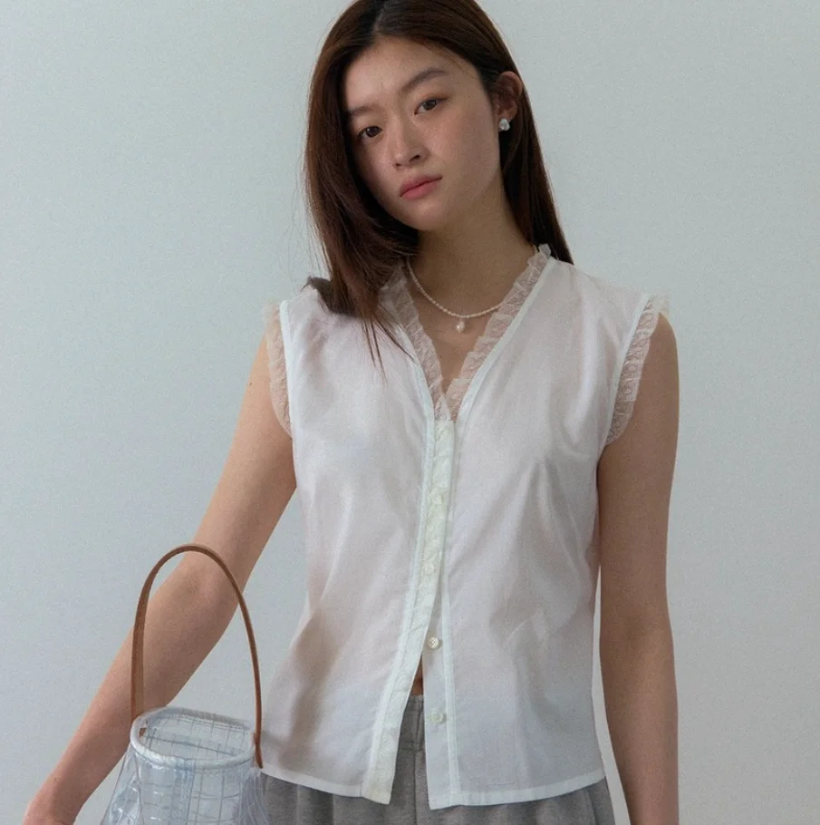 

Casual Loose Svel V-Ne Pure Color Lace Trim Patchwork irt Top Summer Qui very Modst Mod Cotton 00%