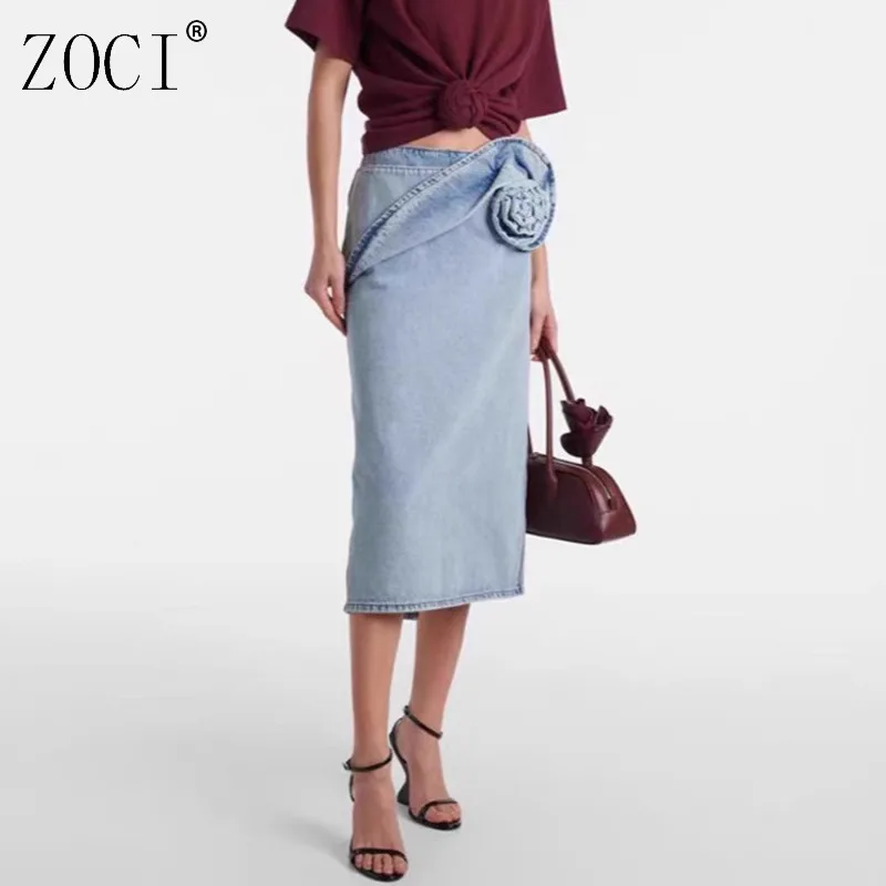 

ZOCI Women's Twisted Flower Denim Skirt Personality High Waist Streetwear Zipper Midi Skirts Y2k Female Casual 2025 New