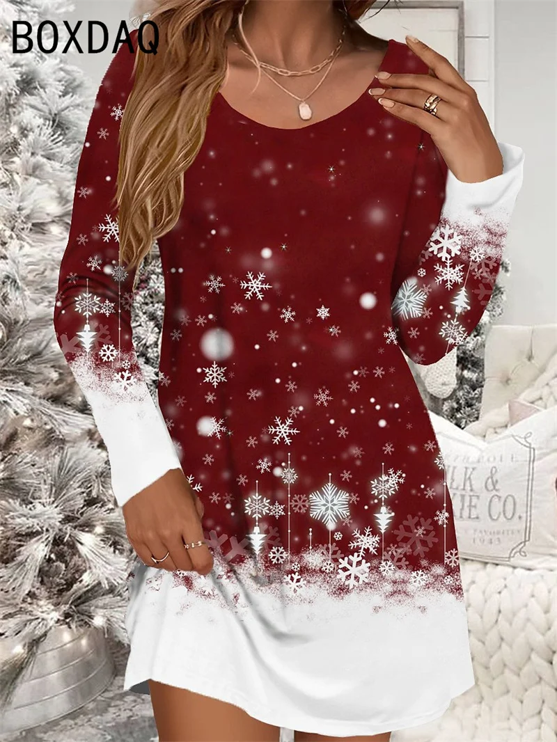 Vestido Rojo de Navidad para mujer, minivestido informal con estampado de copos de nieve, muñeco de nieve, manga larga, cuello redondo, otoño