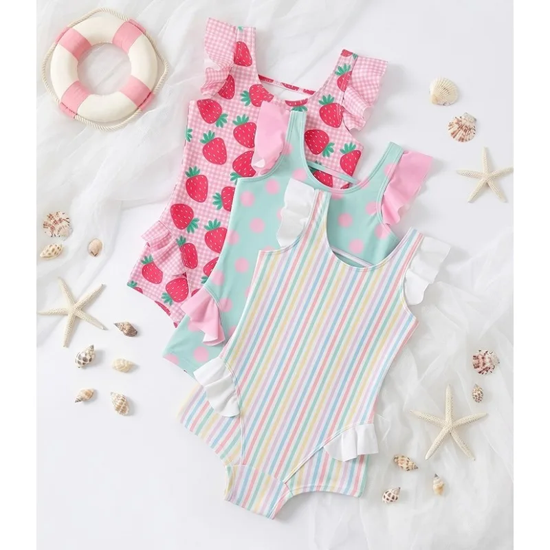 Summer Toddler Girls One Piece Swimsuit INS Style Striped Ruffle Quick Dry Strawberry Cute Kids Bathing Suit Polka Dot Swimwear
