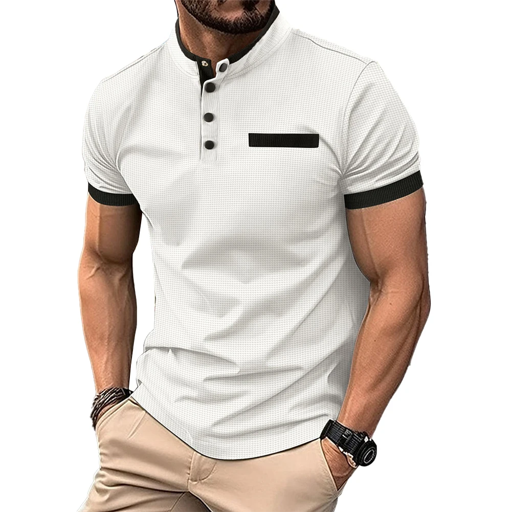 Comfy Fashion Daily Blouse Pullover Button Casual Chest Pocket Fitness Mens Muscle Short Sleeve V-Neck Workout