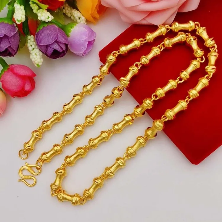 9999 24K real gold cylindrical double bamboo necklace, real gold men's and women's solid color gold jewelry bamboo necklace
