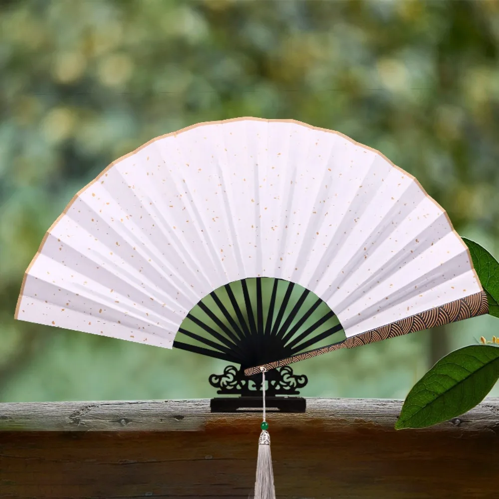 Sprinkled Gold Cloud Pattern Handle Folding Fan Carved with Tassel Antique-style Folding Fan Silk Cloth Fan Panel 10 in