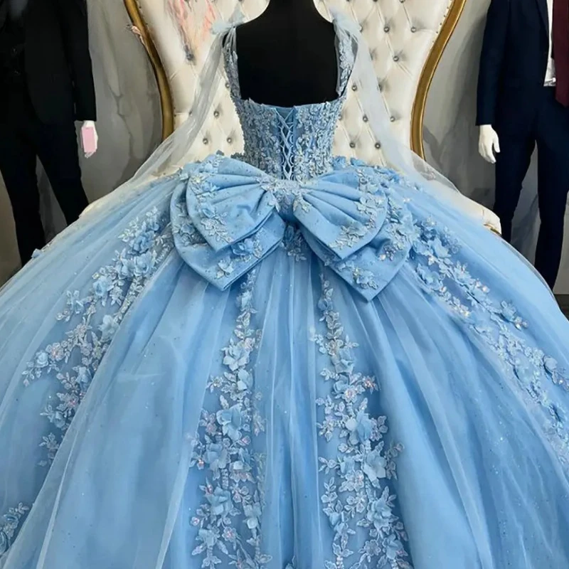 Vestidos de quinceañera azul hielo de princesa Mexica, vestido de fiesta de cumpleaños, vestido de fiesta de graduación, Apliques de encaje de flores, correa de Spathetti, 15, 16 años