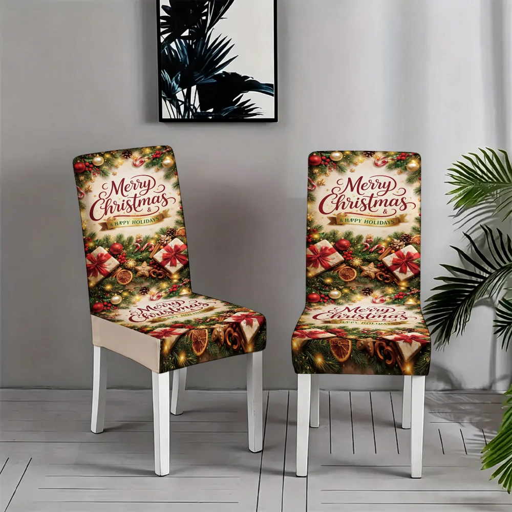Christmas Midrile gift box cookies with holly pattern print, elastic chair cover,  suitable for Christmas party decoration