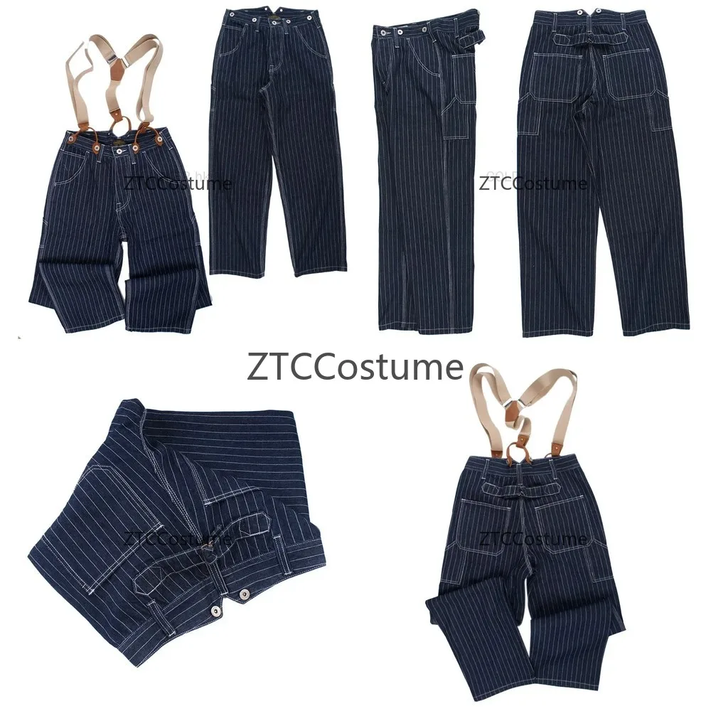 

Vintage Striped Denim Overalls Cosplay Wide Leg High Waist Loose Casual Suspender Pants for Women and Men