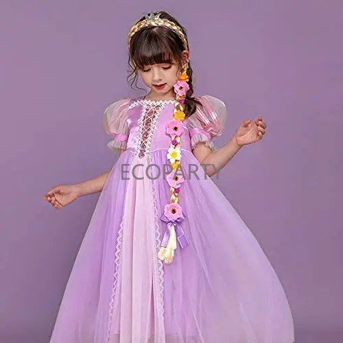 Perruque princesse raiponce 22 pouces, bandeaux longs, accessoires de Costume avec guirlande de fleurs diadème pour filles, déguisement d'anniversaire