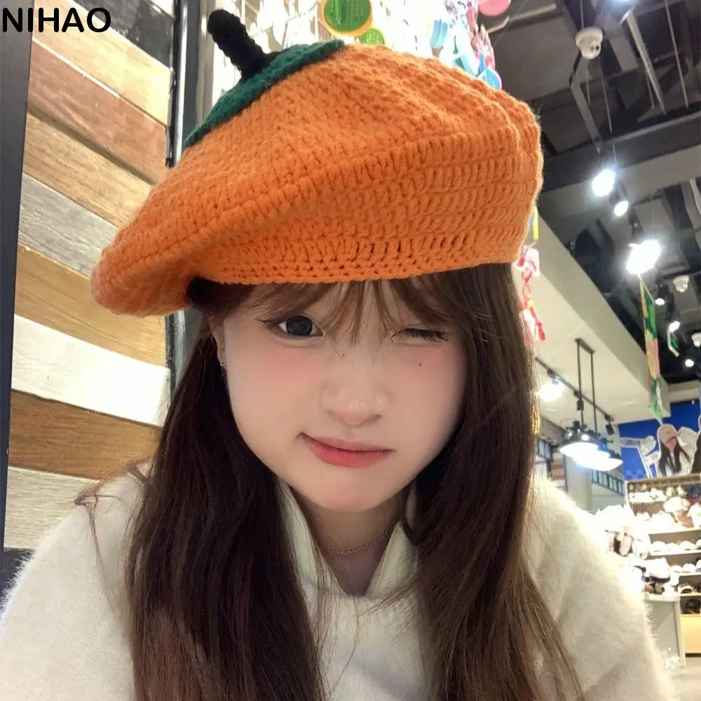 

Temperament Kawaii Persimmon Beret Cartoon Japanese Knitted Hat Warm Fruit Shape Y2K Painter Hat Women