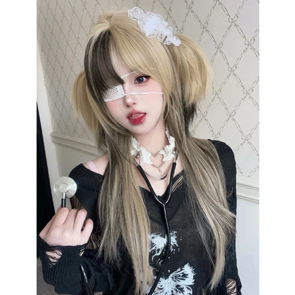30Inch Synthetic Wigs With Bangs Black Coffee Blonde Mixed Double Ponytails Long Straight Hair Wig for Women Heat Resistant