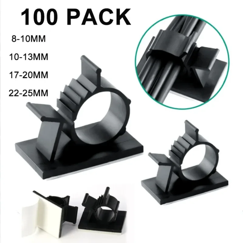 100Pcs Adjustable Nylon Wire Clips Adhesive Wire Cable Management Clips for Car Home and Office 8-10mm/10-13mm/17-20mm/22-25mm