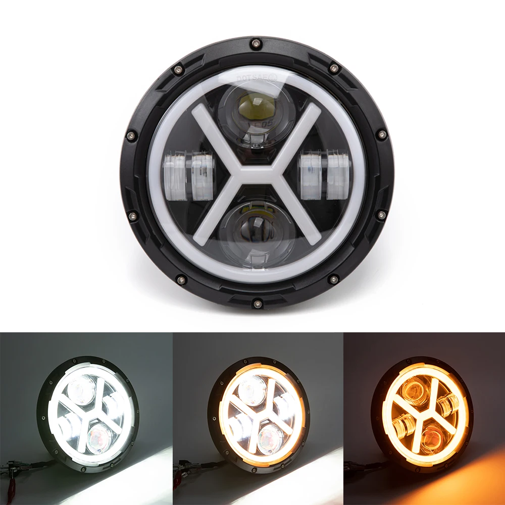 

7" Round LED Headlight Cafe Racer for Yamaha Harley Road King Jeep Wrangler Jk Halo Angel Eyes 7 Inch Motorcycle LED Headlight