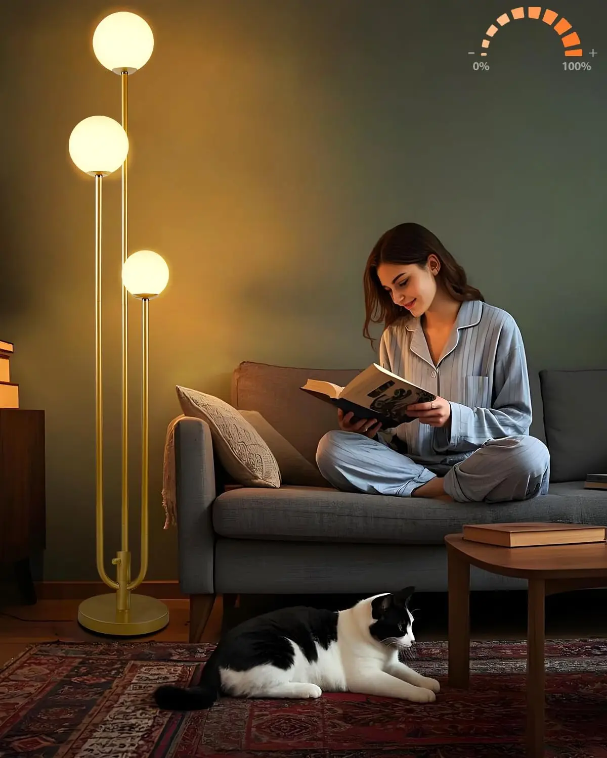 63‑Inch Mid‑Century‑Modern Unique Gold‑Tone 3‑Light Dimmable Tall Standing Floor Lamp, 5‑Lb Heavy‑Base, 3000K G9 Bulbs Included, Reading Lamp for Living‑Room, Bedroom & Home‑Office