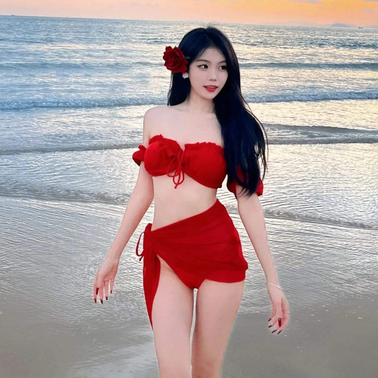 Beach Bathing Suit Sexy European-n Style Retro Red Bikini Bikini Split Bathing Suit Women with Breast Pads Hot Spring Vacation