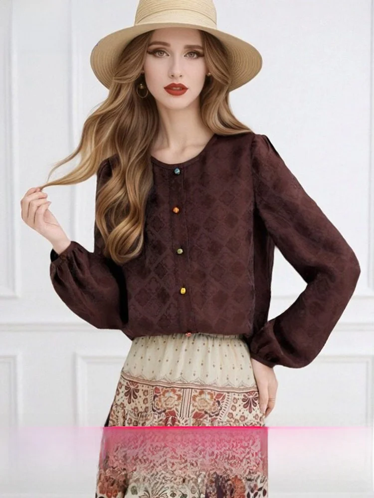 

Модная женская рубашка с длинным рукавом и круглым вырезом, с принтом, в повседневном стиле, весенняя, приталенная, элегантная, дизайнерская.