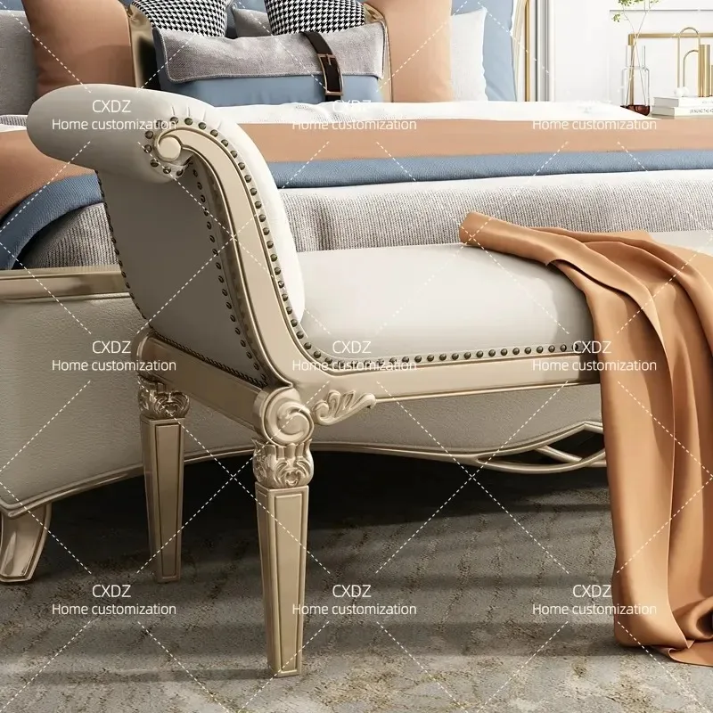 American Light Luxury Solid Wood Carved Flower Bedside Stool French Bedroom Shoe Changing Bench Cloakroom Sofa End Table