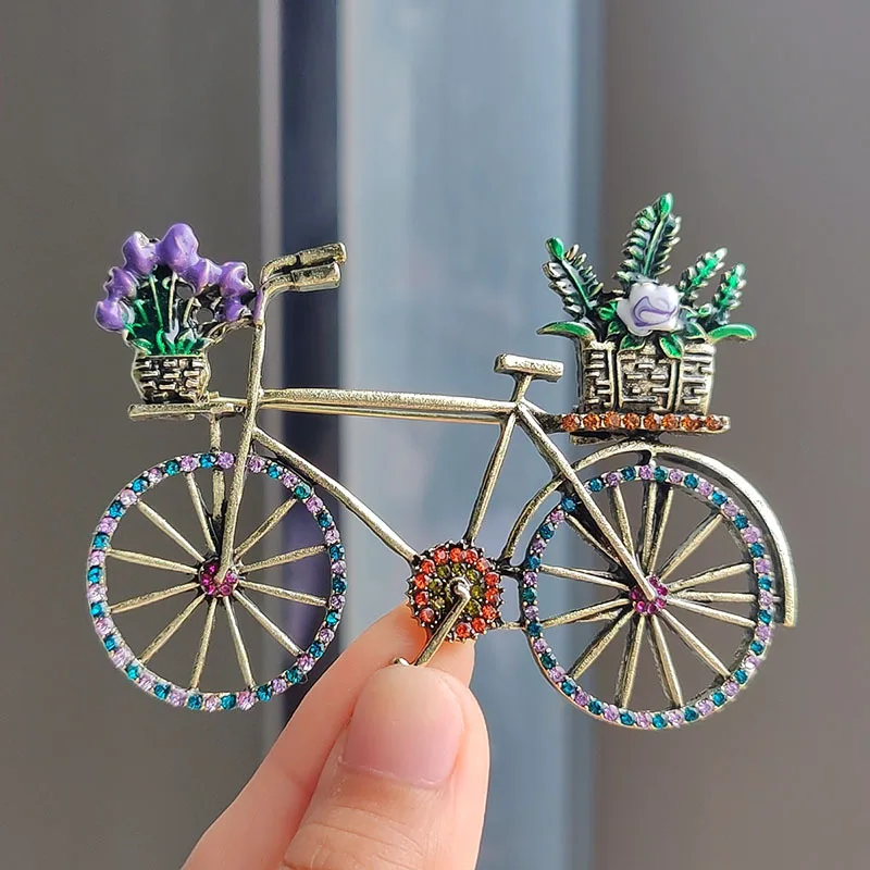 Broches de bicicleta de diamantes de imitación Vintage para mujer, broche de aleación de cesta de flores para mujer, accesorios de ropa creativos