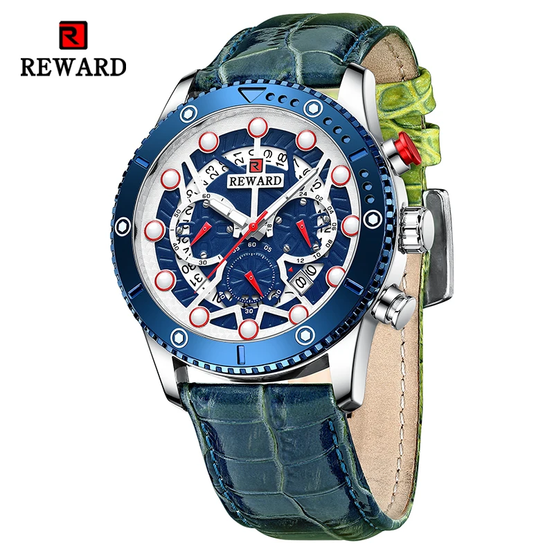 REWARD Fashion Men\'s Quartz Wristwatch Sport Waterpoof Genuine Leather Alloy Watches Chronograph Luminous Man Wrist Watches