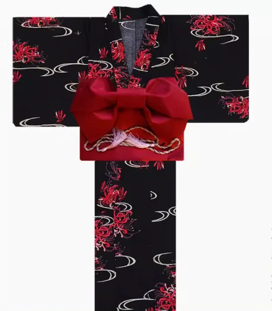 Japanese Kimono Bathrobe for Women, Long Photo Dress, Black and Red