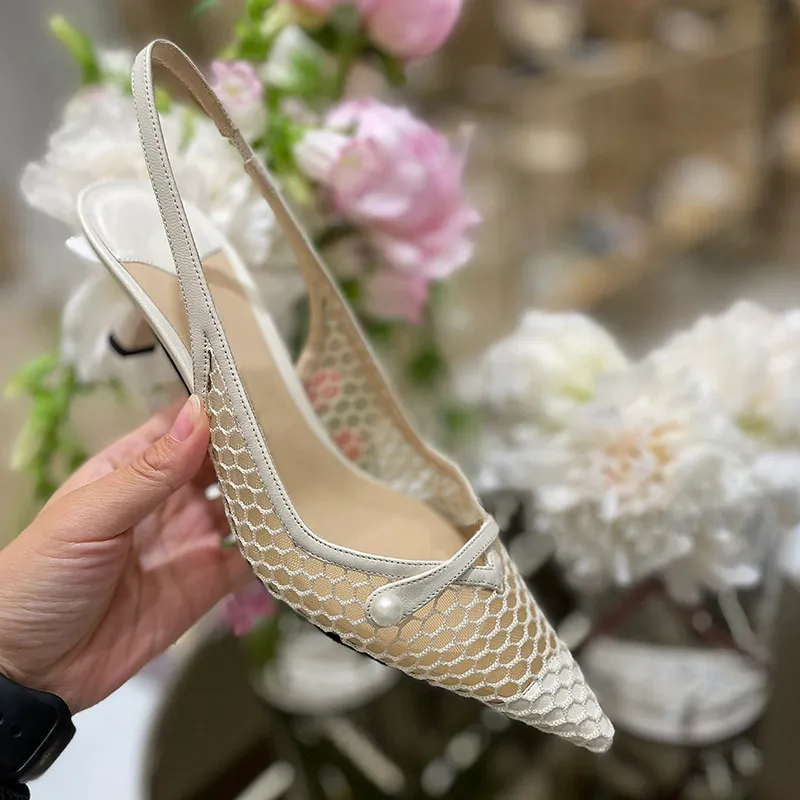 

Mesh Pearl Bag Head Sandals 2026 Summer New Pointed Stiletto Rear Strap High Heels Women's Shoes