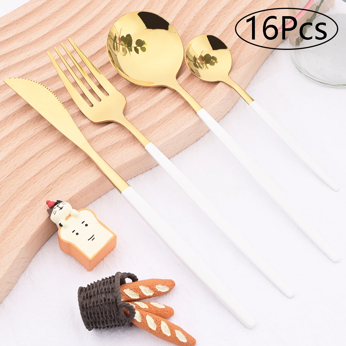 

16Pcs White Gold Cutlery Set Knife Fork Coffee Spoon Dinnerware Set Mirror Stainless Steel Tableware Western Kitchen Flatware